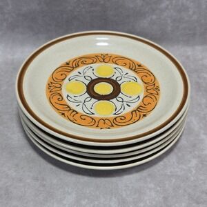 Vtg Vista Japan Stoneware Salad Plates (5) Sunburst Retro Floral Yellow Orange